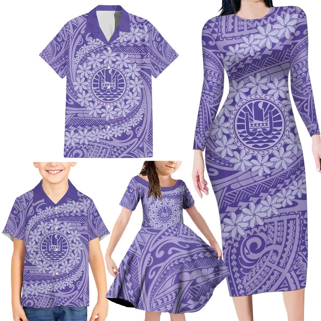 Tahitian Tiare Flower Family Matching Long Sleeve Bodycon Dress and Hawaiian Shirt Violet Polynesian Pattern