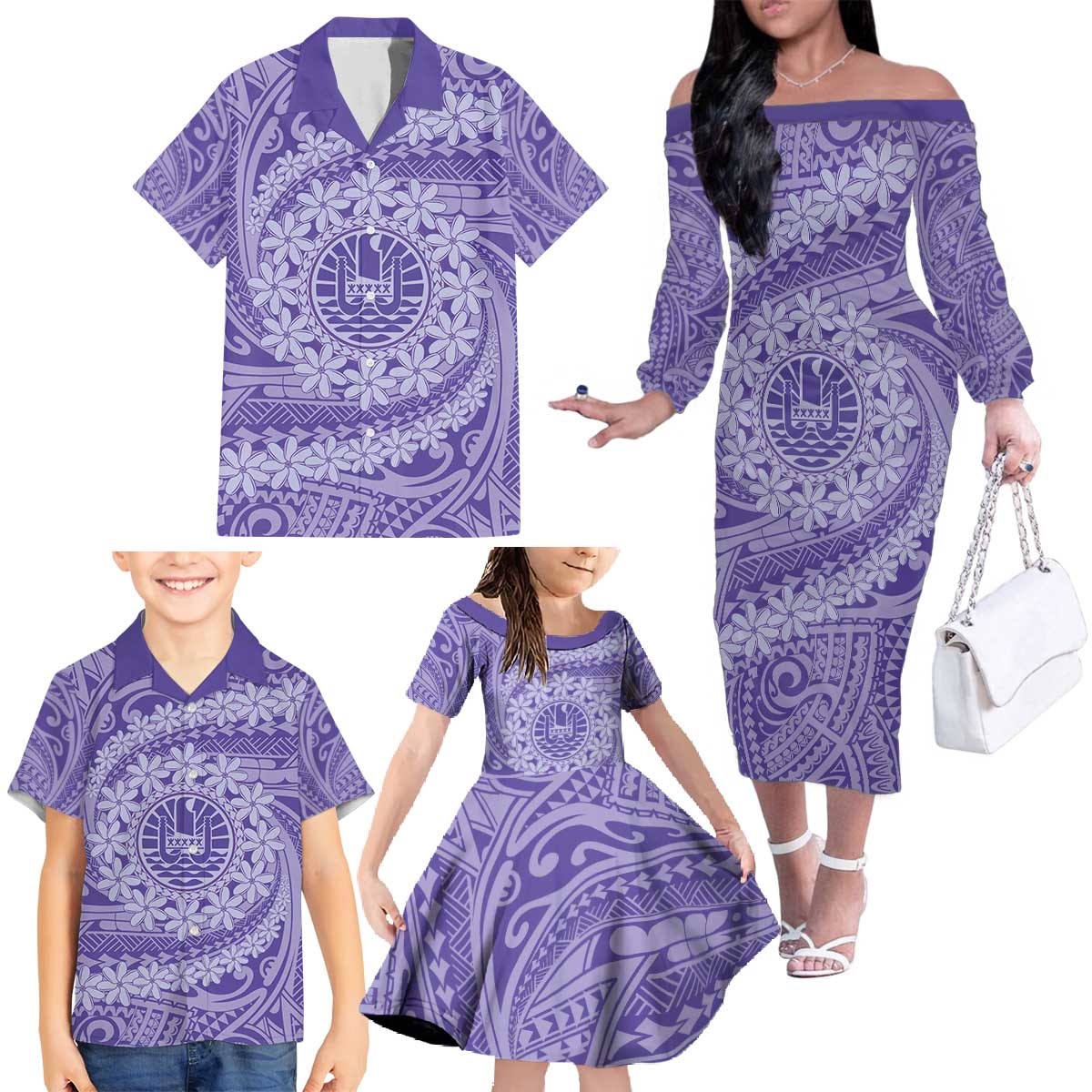 Tahitian Tiare Flower Family Matching Off The Shoulder Long Sleeve Dress and Hawaiian Shirt Violet Polynesian Pattern