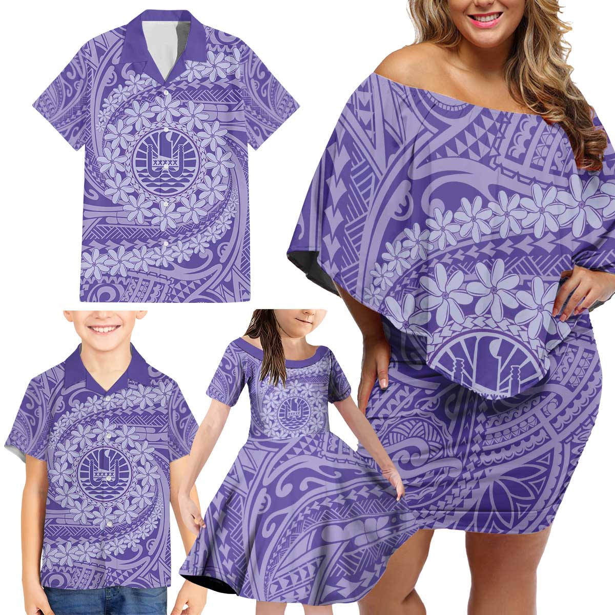 Tahitian Tiare Flower Family Matching Off Shoulder Short Dress and Hawaiian Shirt Violet Polynesian Pattern