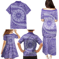 Tahitian Tiare Flower Family Matching Puletasi and Hawaiian Shirt Violet Polynesian Pattern