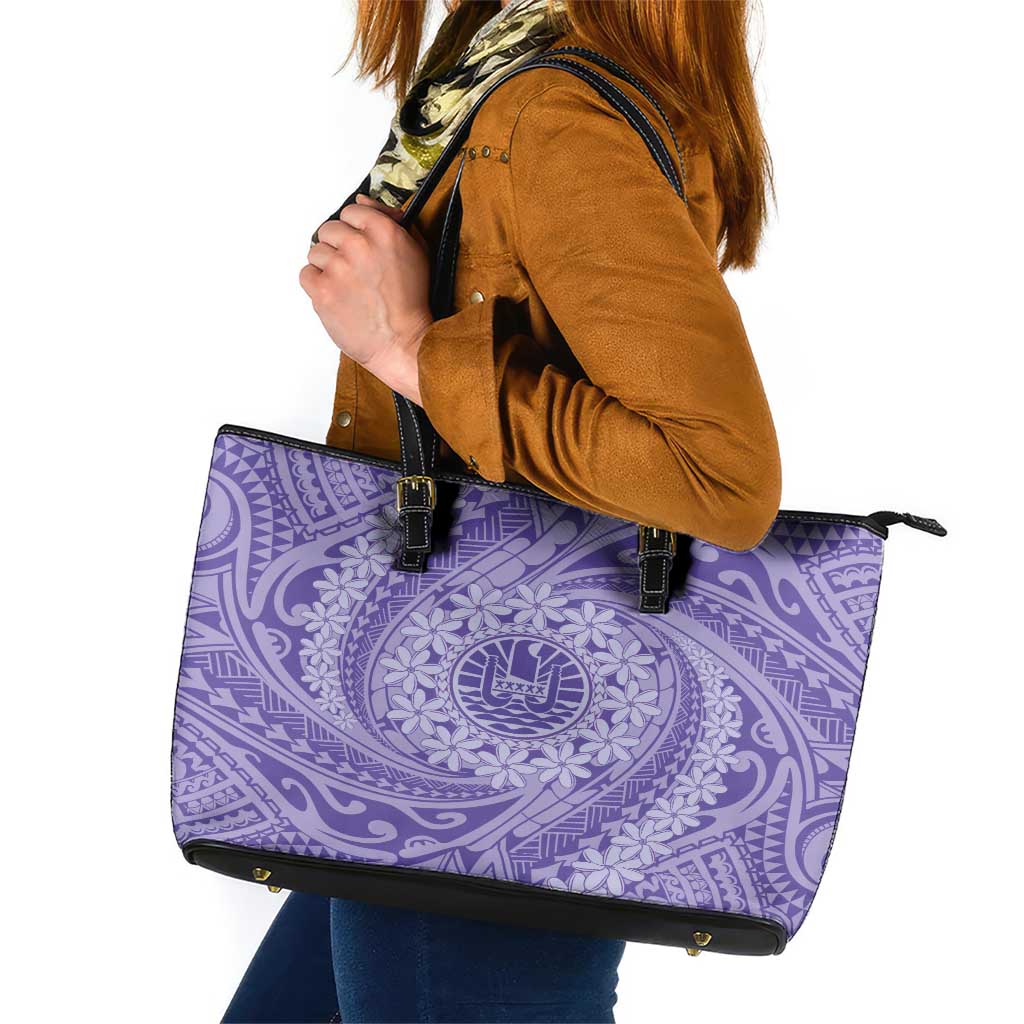 Tahitian Tiare Flower Leather Tote Bag Violet Polynesian Pattern