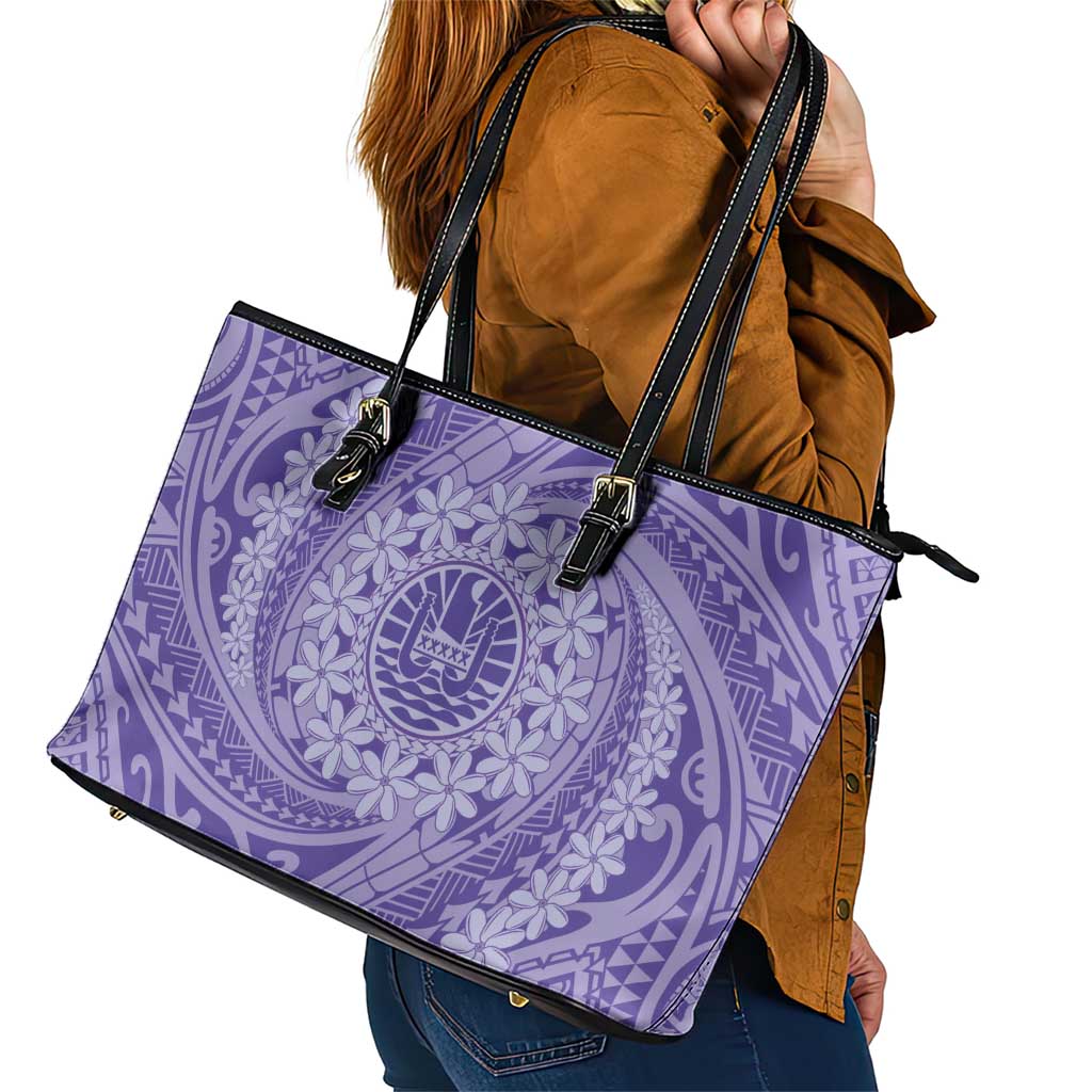 Tahitian Tiare Flower Leather Tote Bag Violet Polynesian Pattern