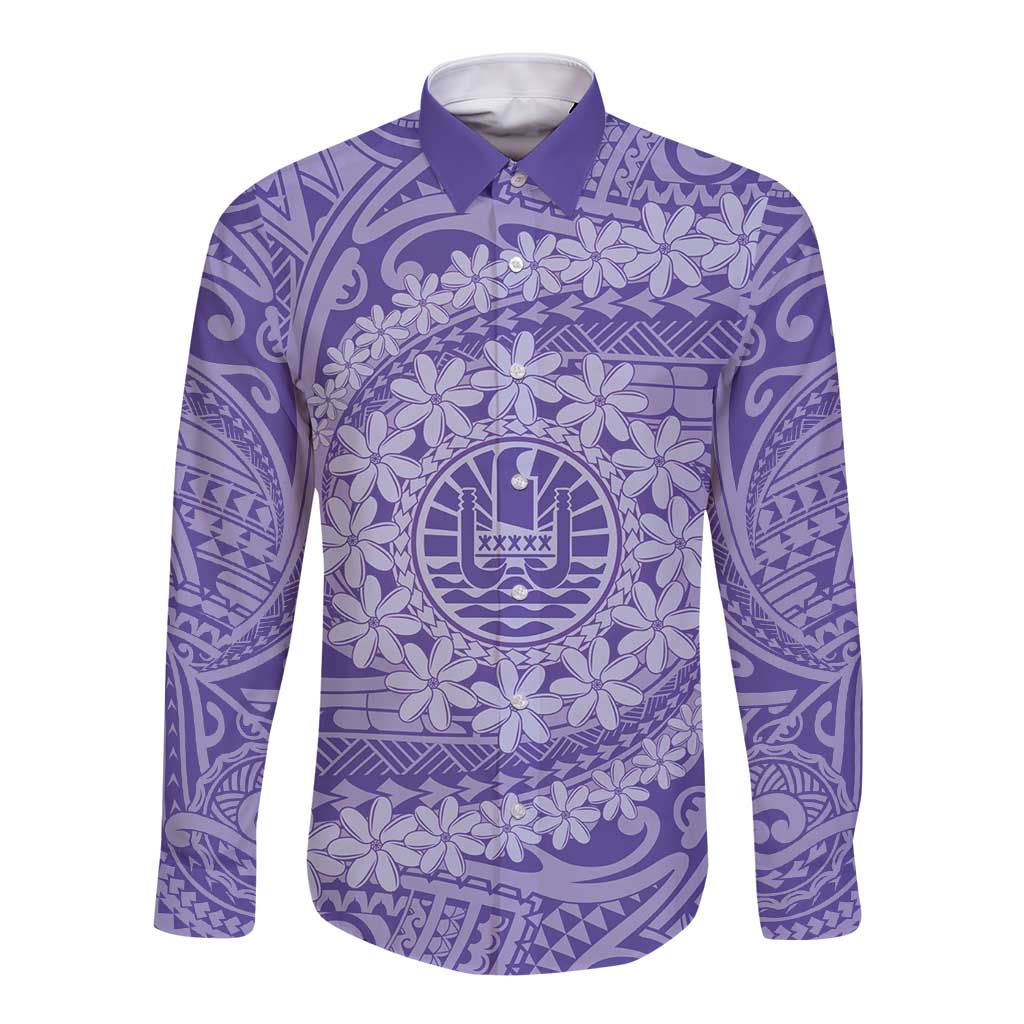 Tahitian Tiare Flower Long Sleeve Button Shirt Violet Polynesian Pattern