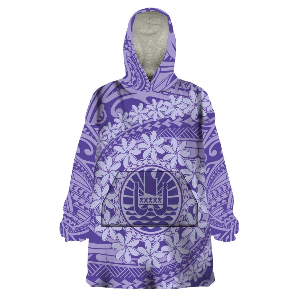 Tahitian Tiare Flower Wearable Blanket Hoodie Violet Polynesian Pattern