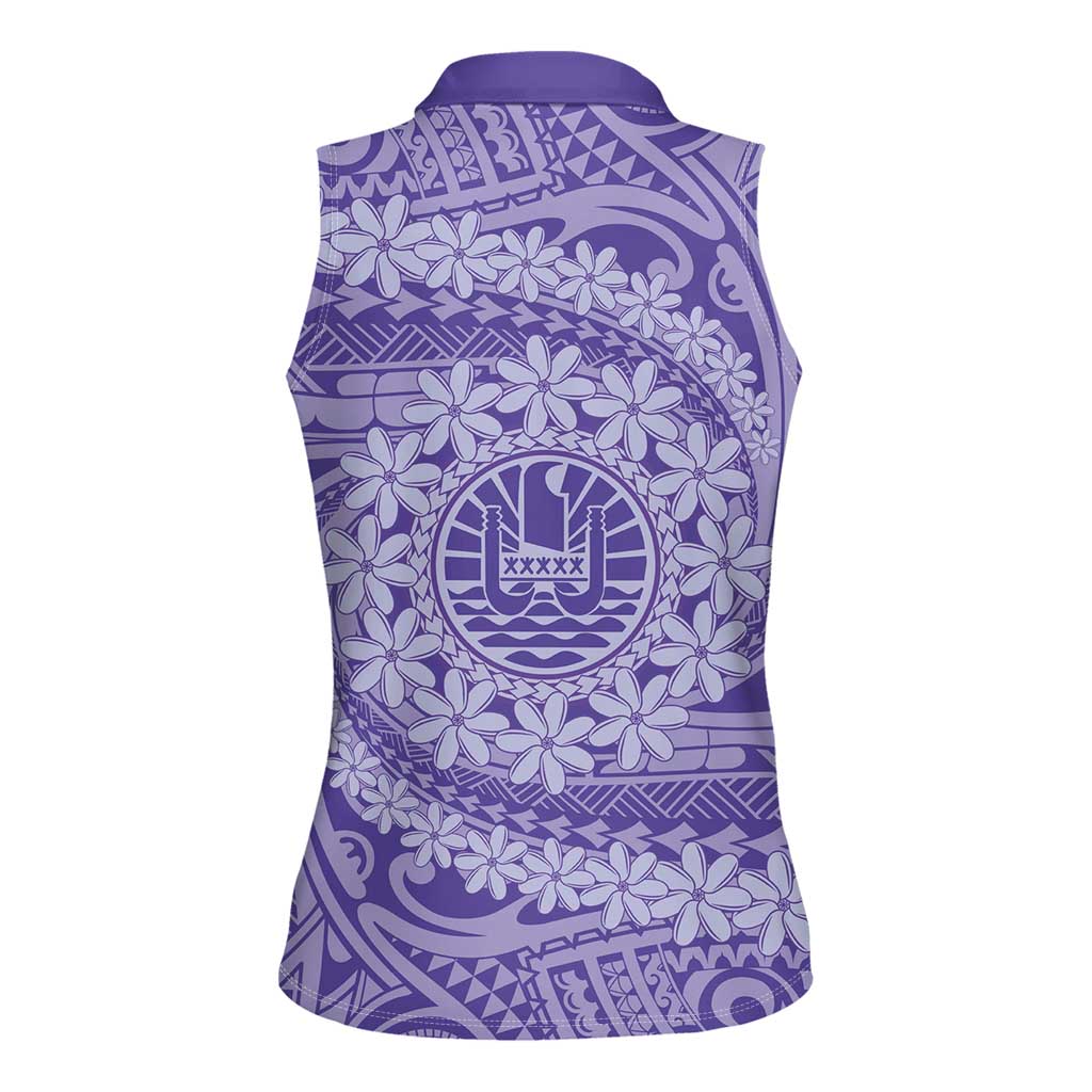 Tahitian Tiare Flower Women Sleeveless Polo Shirt Violet Polynesian Pattern