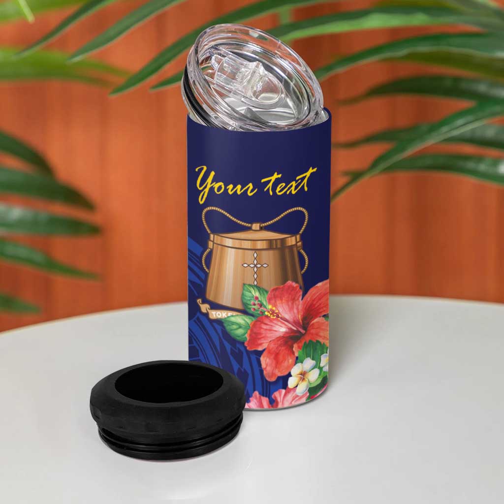 Personalised Tokelau Tropical Hibiscus 4 in 1 Can Cooler Tumbler With Polynesian Plumeria Tattoo