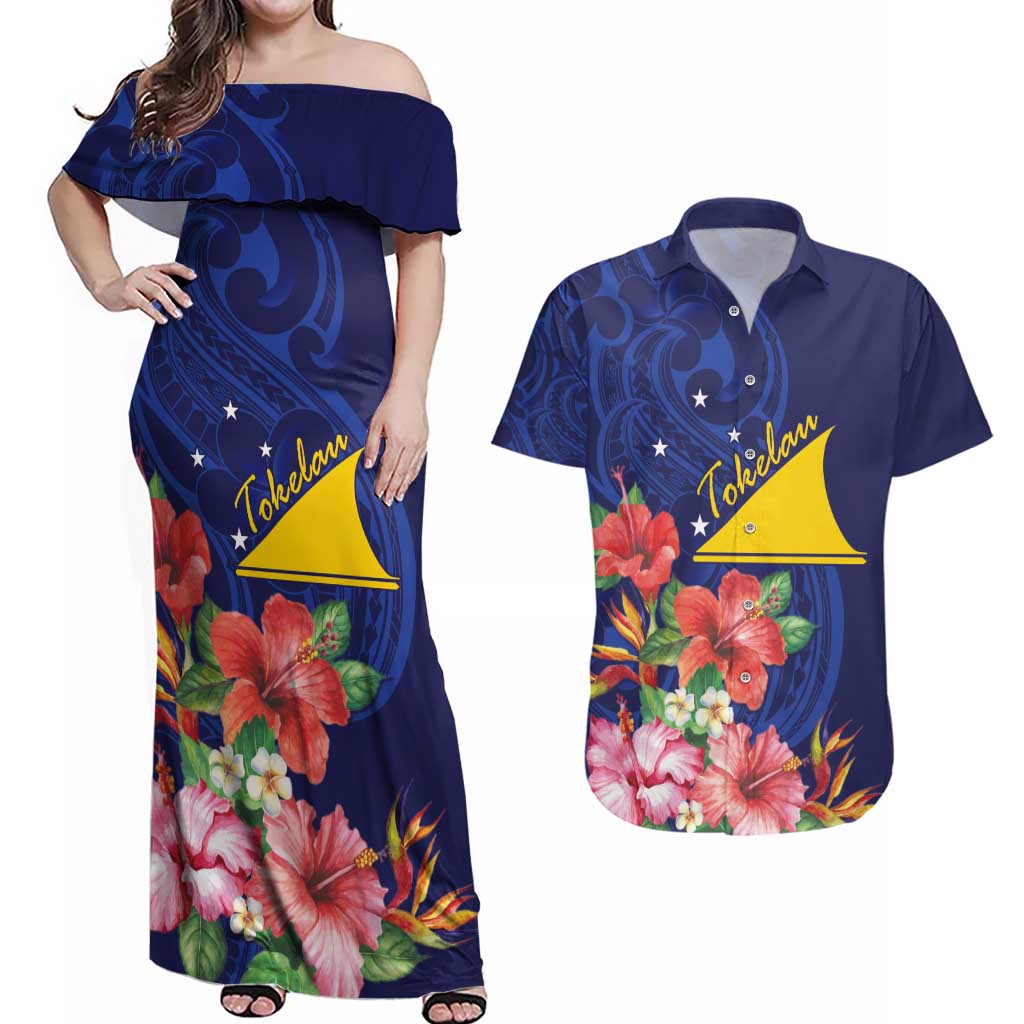 Personalised Tokelau Tropical Hibiscus Couples Matching Off Shoulder Maxi Dress and Hawaiian Shirt With Polynesian Plumeria Tattoo