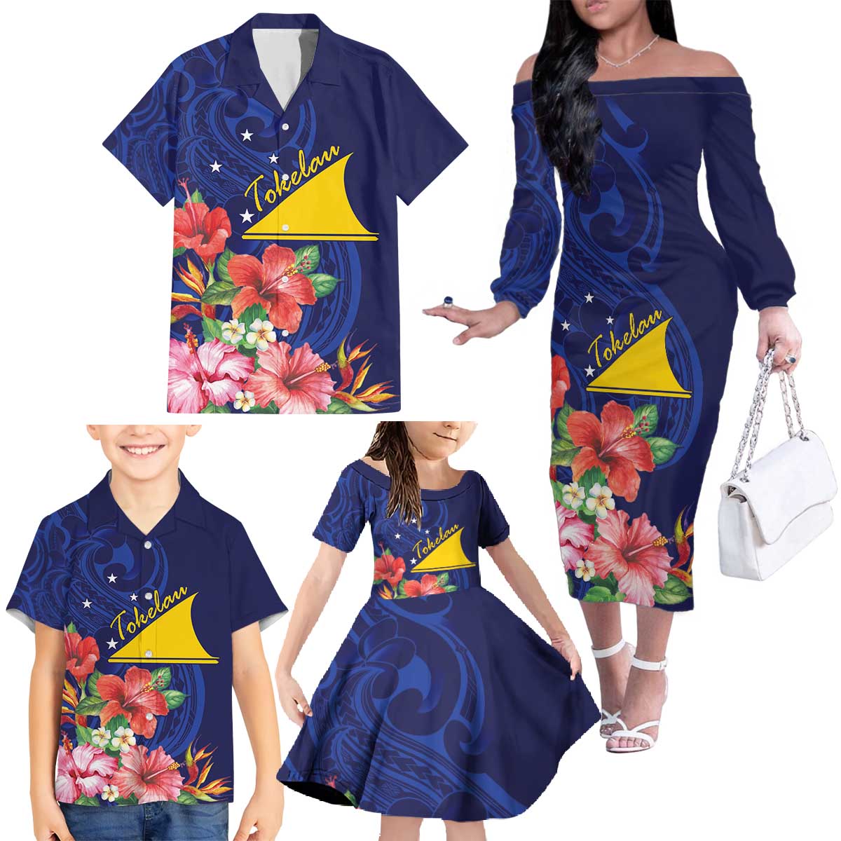 Personalised Tokelau Tropical Hibiscus Family Matching Off The Shoulder Long Sleeve Dress and Hawaiian Shirt With Polynesian Plumeria Tattoo