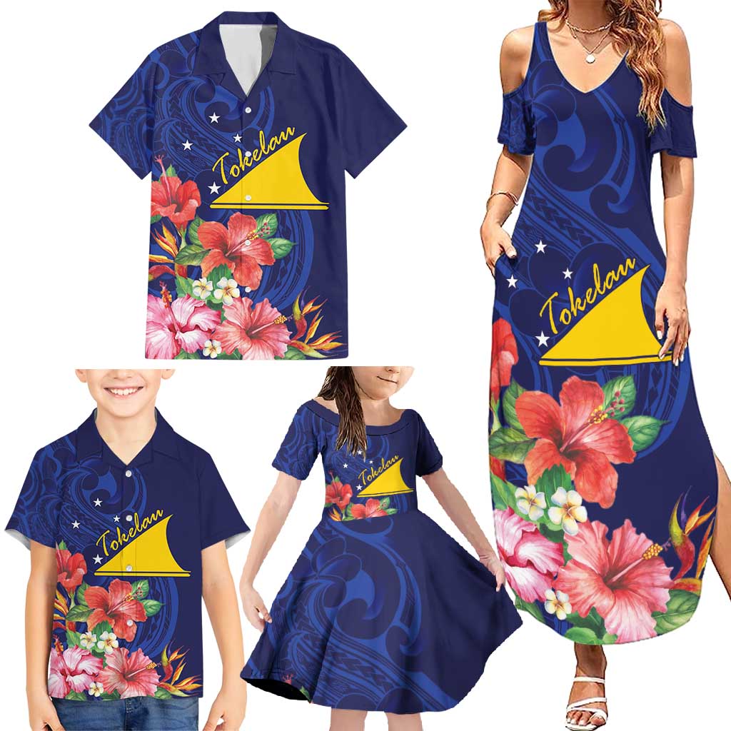 Personalised Tokelau Tropical Hibiscus Family Matching Summer Maxi Dress and Hawaiian Shirt With Polynesian Plumeria Tattoo