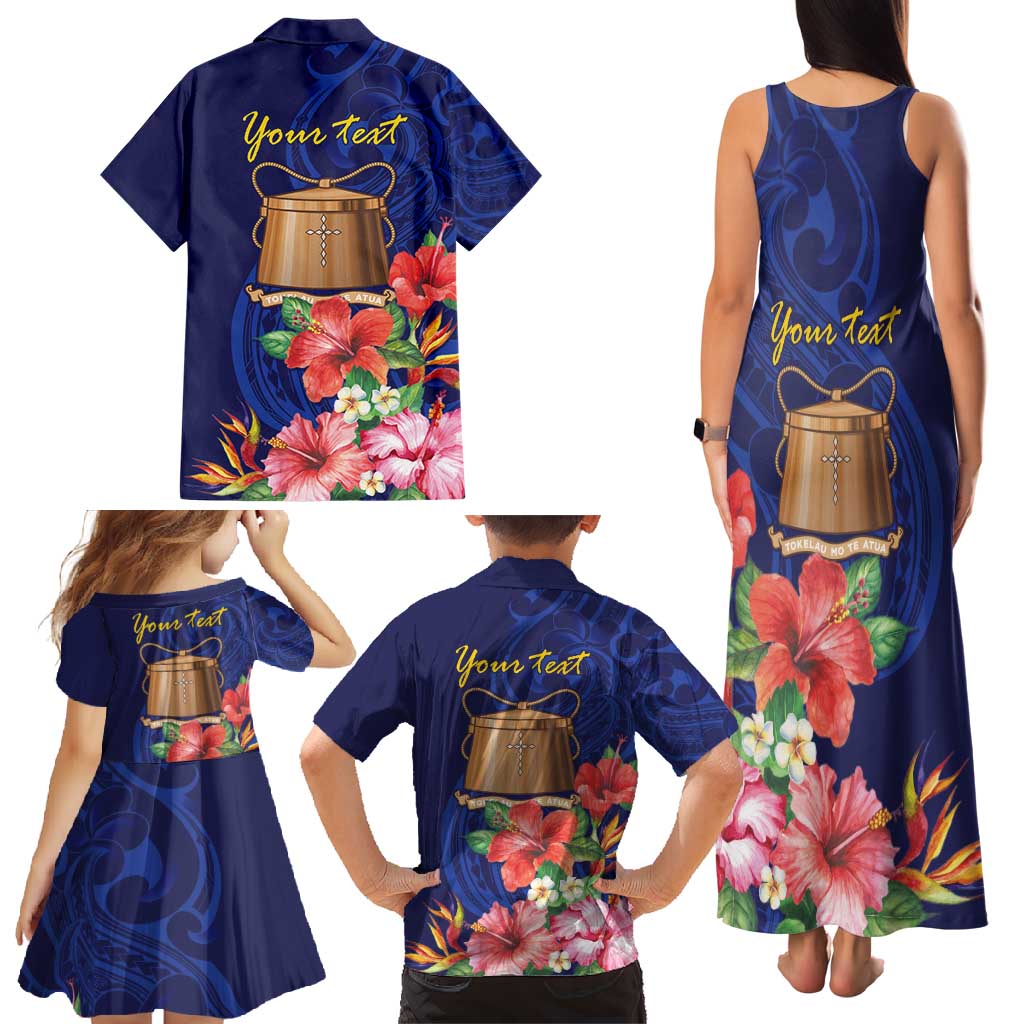 Personalised Tokelau Tropical Hibiscus Family Matching Tank Maxi Dress and Hawaiian Shirt With Polynesian Plumeria Tattoo