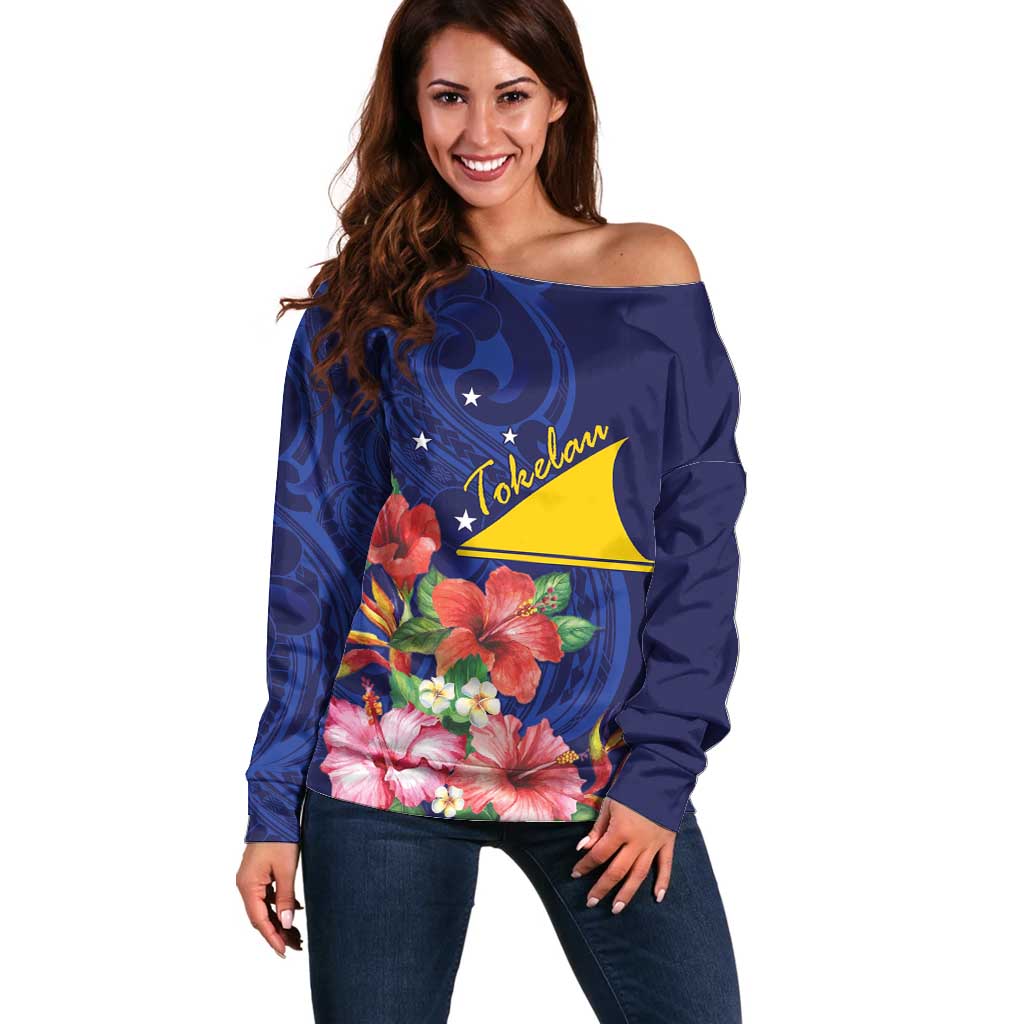 Personalised Tokelau Tropical Hibiscus Off Shoulder Sweater With Polynesian Plumeria Tattoo