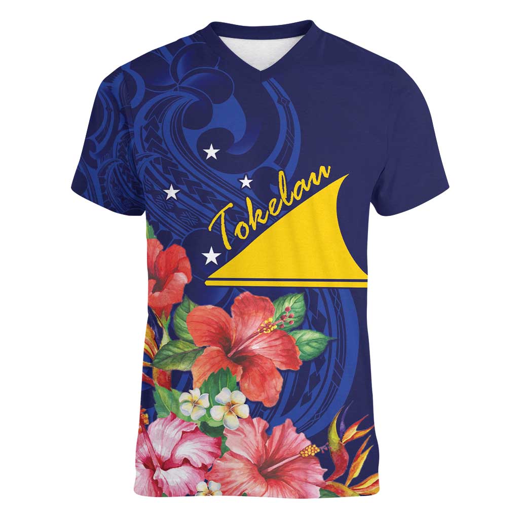 Personalised Tokelau Tropical Hibiscus Women V-Neck T-Shirt With Polynesian Plumeria Tattoo