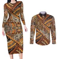 Hawaiian Style Tapa Couples Matching Long Sleeve Bodycon Dress and Long Sleeve Button Shirt Vintage Seamless Pattern LT9 Red - Polynesian Pride