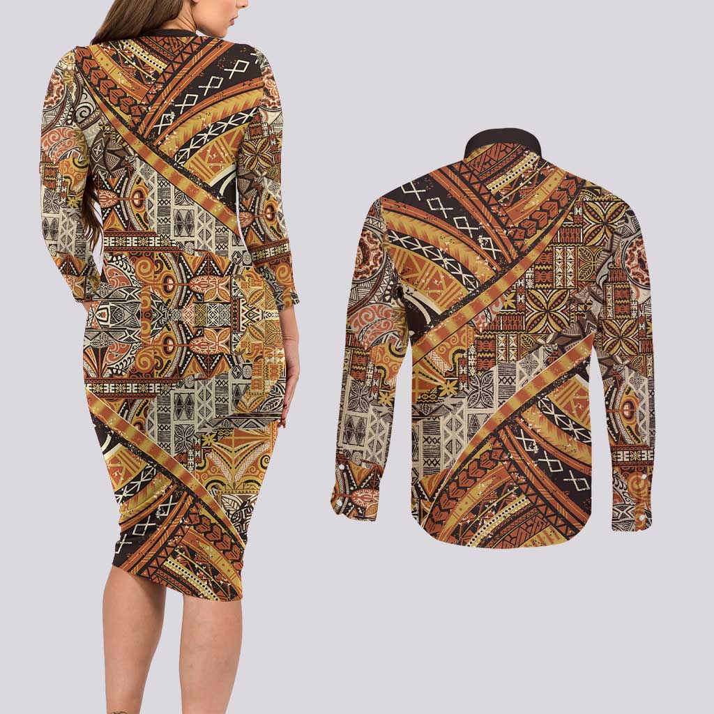 Hawaiian Style Tapa Couples Matching Long Sleeve Bodycon Dress and Long Sleeve Button Shirt Vintage Seamless Pattern LT9 - Polynesian Pride