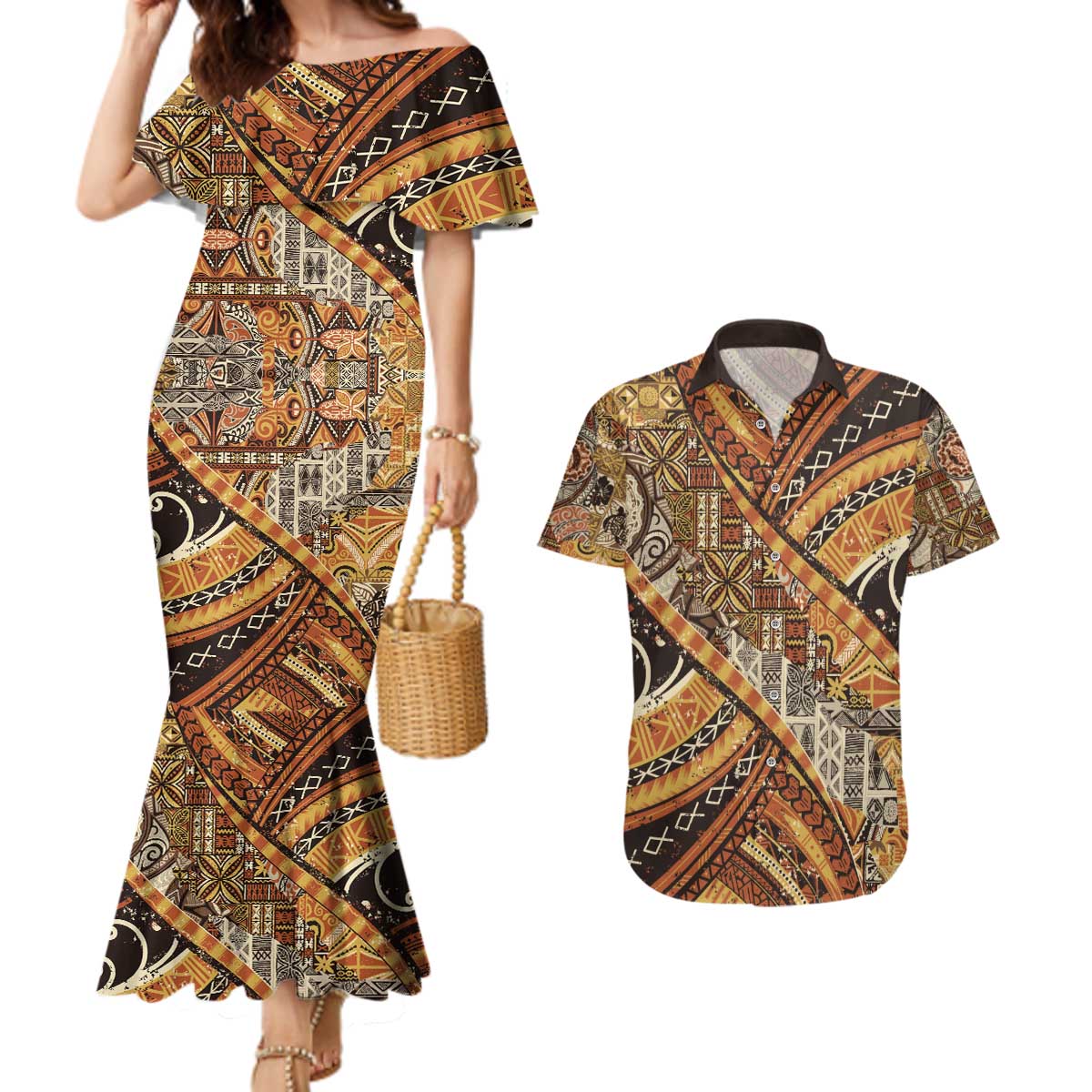 Hawaiian Style Tapa Couples Matching Mermaid Dress and Hawaiian Shirt Vintage Seamless Pattern - Polynesian Pride