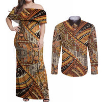 Hawaiian Style Tapa Couples Matching Off Shoulder Maxi Dress and Long Sleeve Button Shirt Vintage Seamless Pattern LT9 Red - Polynesian Pride