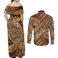 Hawaiian Style Tapa Couples Matching Off Shoulder Maxi Dress and Long Sleeve Button Shirt Vintage Seamless Pattern LT9 - Polynesian Pride