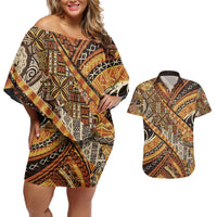 Hawaiian Style Tapa Couples Matching Off Shoulder Short Dress and Hawaiian Shirt Vintage Seamless Pattern LT9 Red - Polynesian Pride