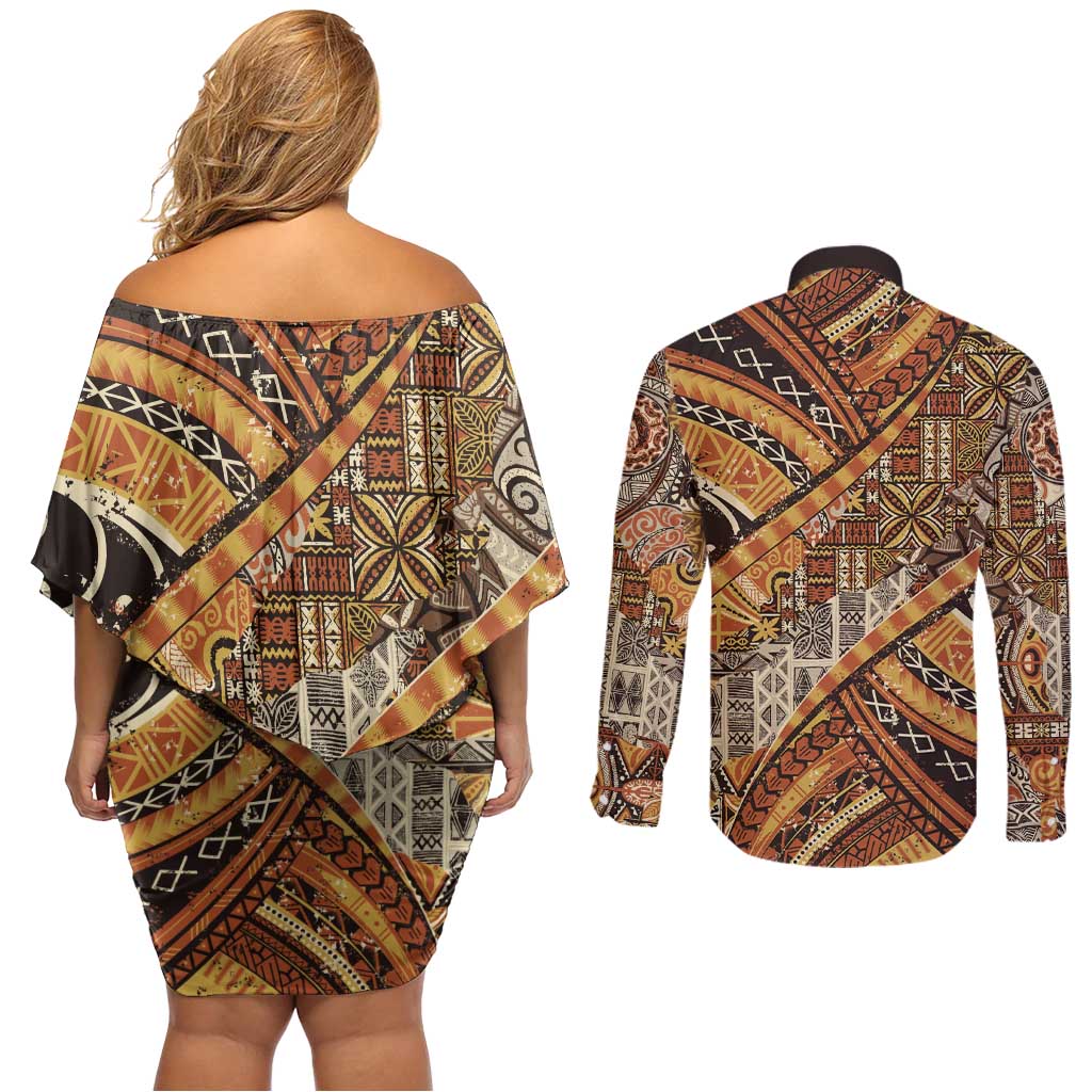 Hawaiian Style Tapa Couples Matching Off Shoulder Short Dress and Long Sleeve Button Shirt Vintage Seamless Pattern LT9 - Polynesian Pride