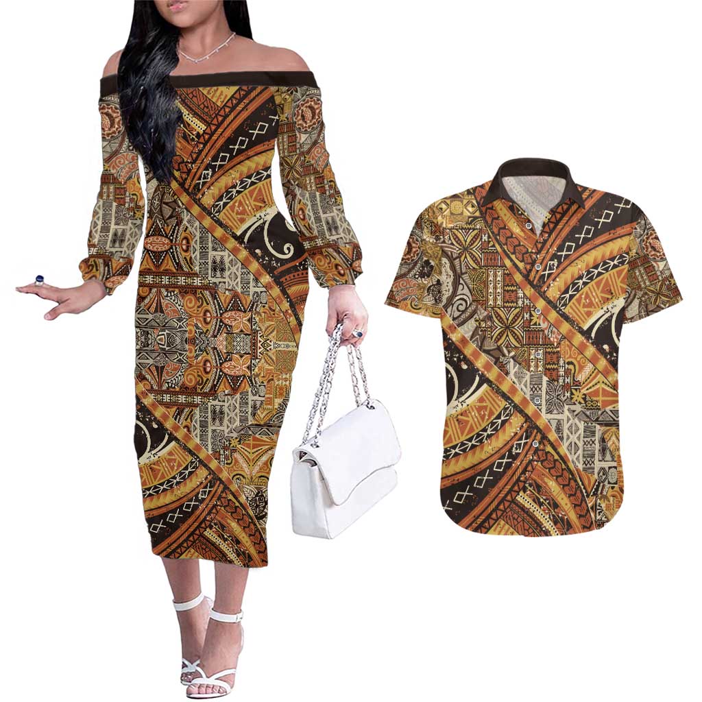 Hawaiian Style Tapa Couples Matching Off The Shoulder Long Sleeve Dress and Hawaiian Shirt Vintage Seamless Pattern LT9 Red - Polynesian Pride