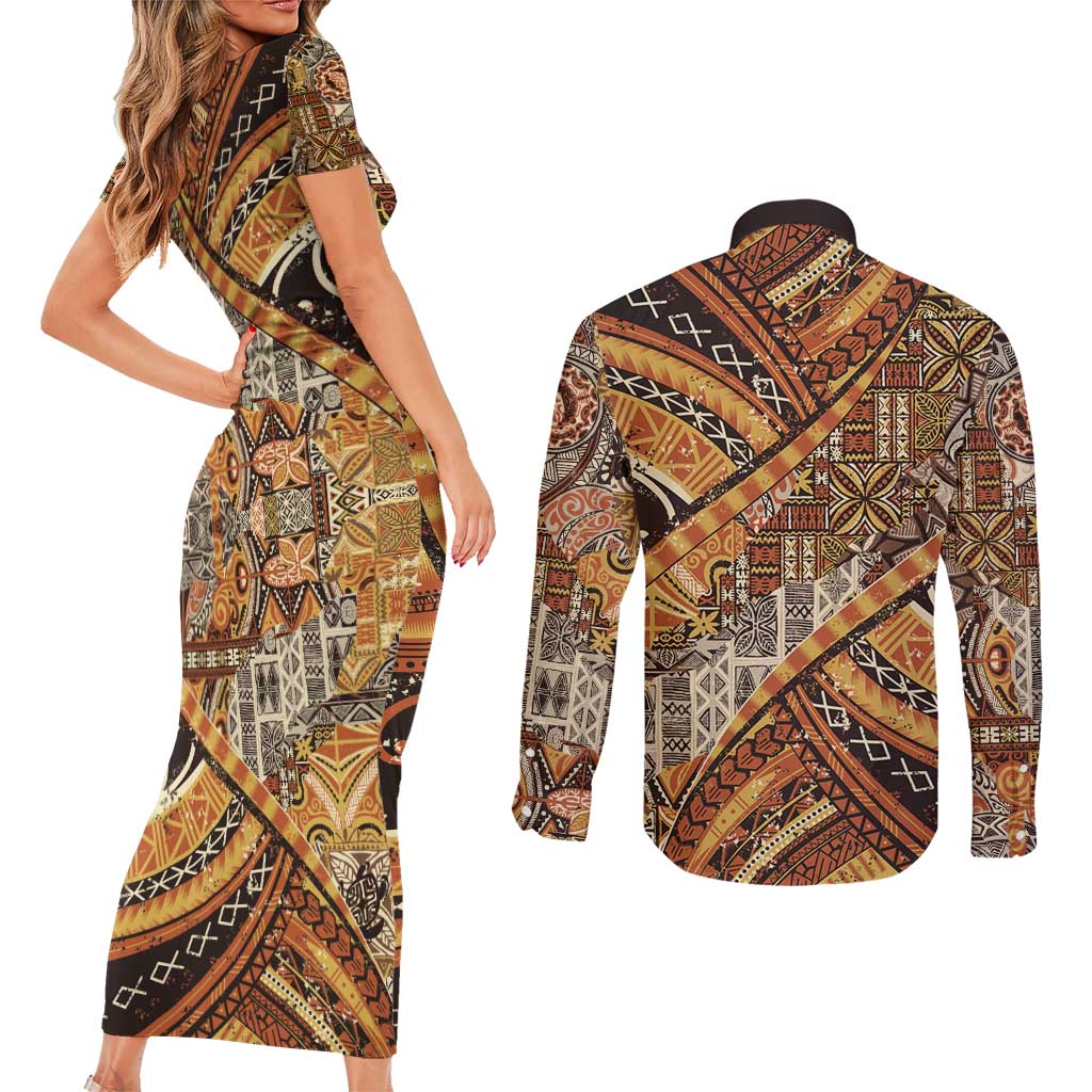 Hawaiian Style Tapa Couples Matching Short Sleeve Bodycon Dress and Long Sleeve Button Shirt Vintage Seamless Pattern LT9 - Polynesian Pride