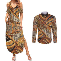 Hawaiian Style Tapa Couples Matching Summer Maxi Dress and Long Sleeve Button Shirt Vintage Seamless Pattern LT9 Red - Polynesian Pride