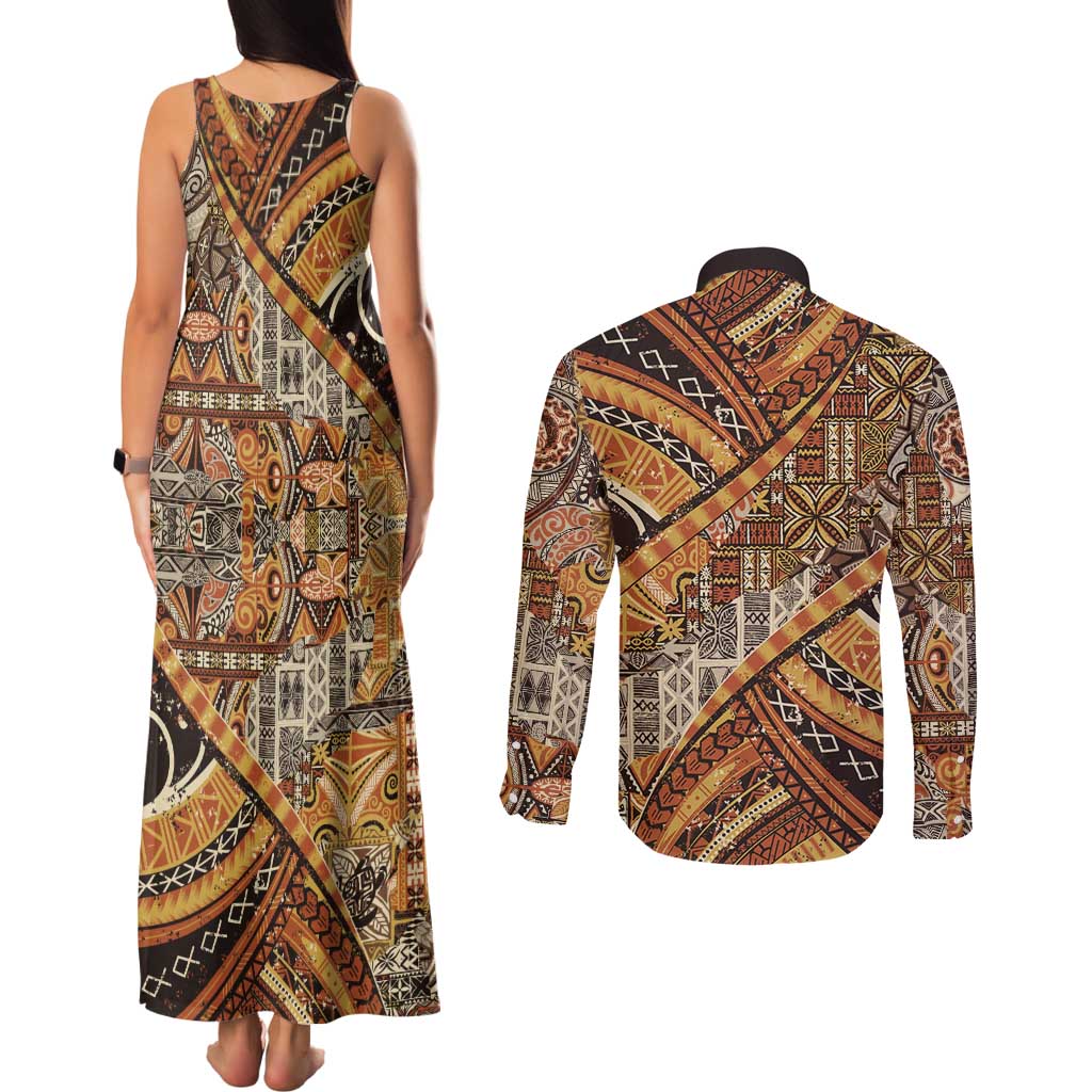 Hawaiian Style Tapa Couples Matching Tank Maxi Dress and Long Sleeve Button Shirt Vintage Seamless Pattern LT9 - Polynesian Pride
