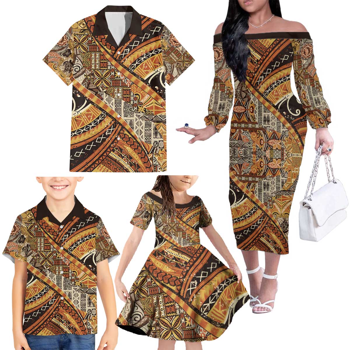 Hawaiian Style Tapa Family Matching Off The Shoulder Long Sleeve Dress and Hawaiian Shirt Vintage Seamless Pattern LT9 - Polynesian Pride