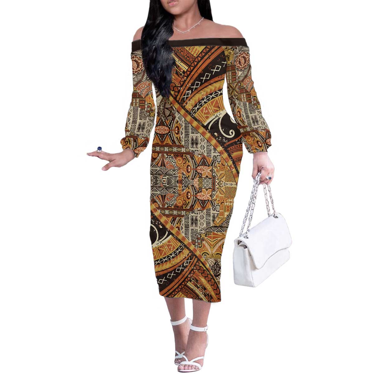 Hawaiian Style Tapa Family Matching Off The Shoulder Long Sleeve Dress and Hawaiian Shirt Vintage Seamless Pattern - Polynesian Pride