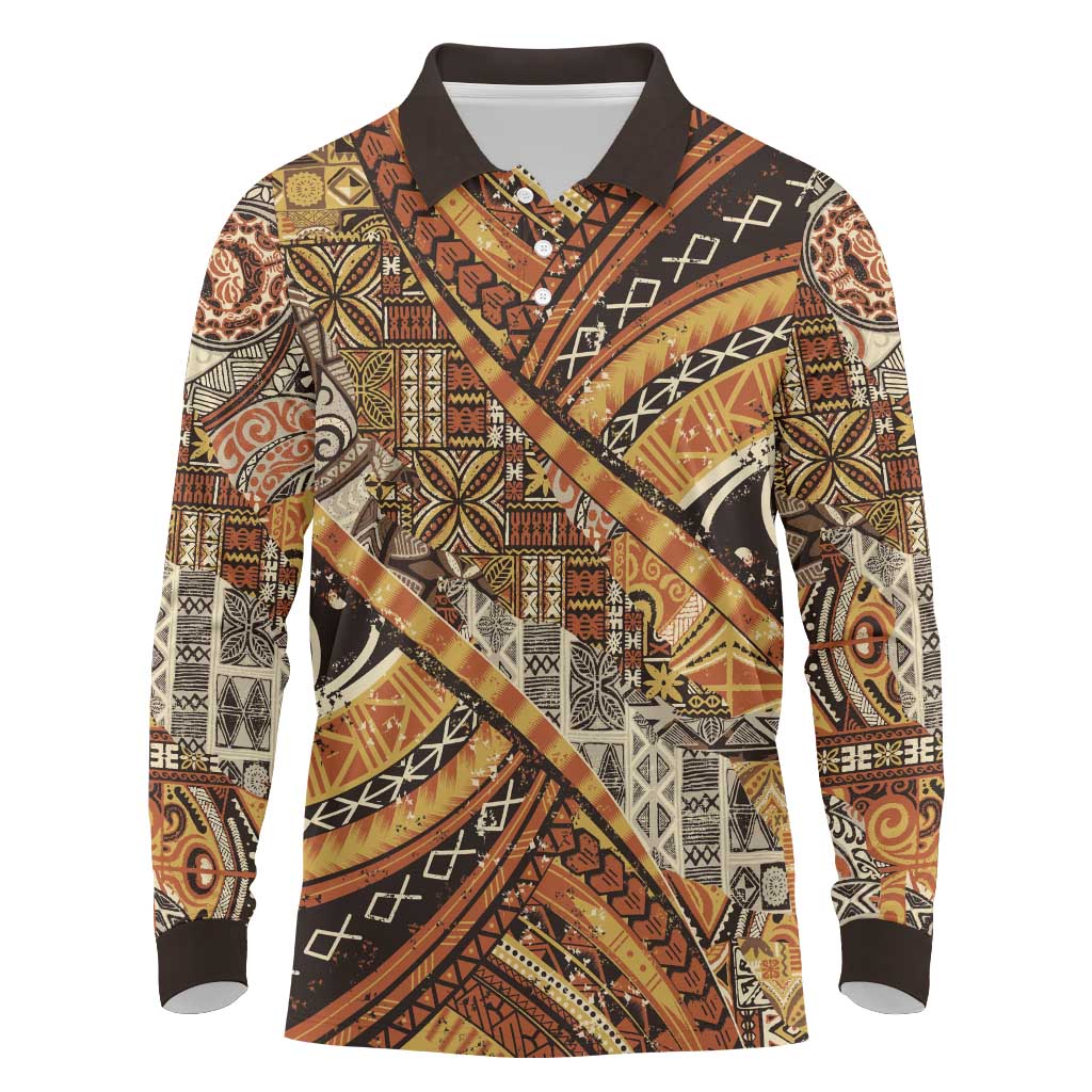 Hawaiian Style Tapa Long Sleeve Polo Shirt Vintage Seamless Pattern - Polynesian Pride