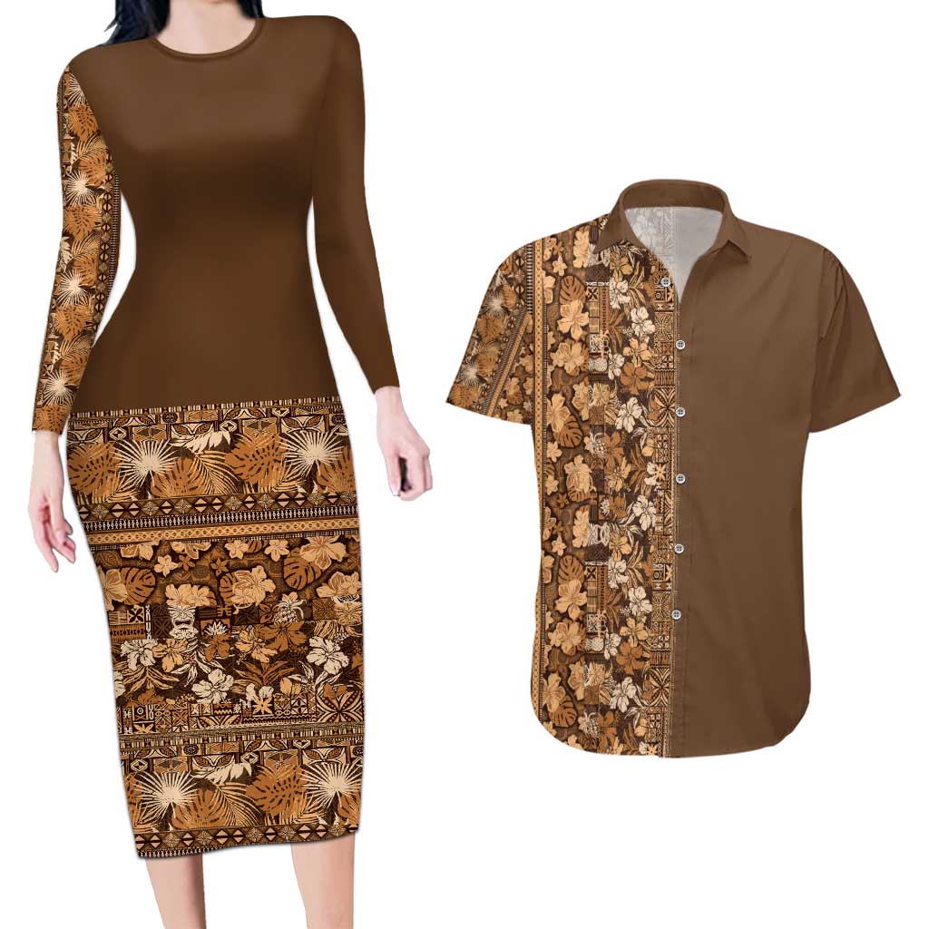 Hawaiian Tribal Elements Hibiscus Couples Matching Long Sleeve Bodycon Dress and Hawaiian Shirt Gold Pattern - Polynesian Pride