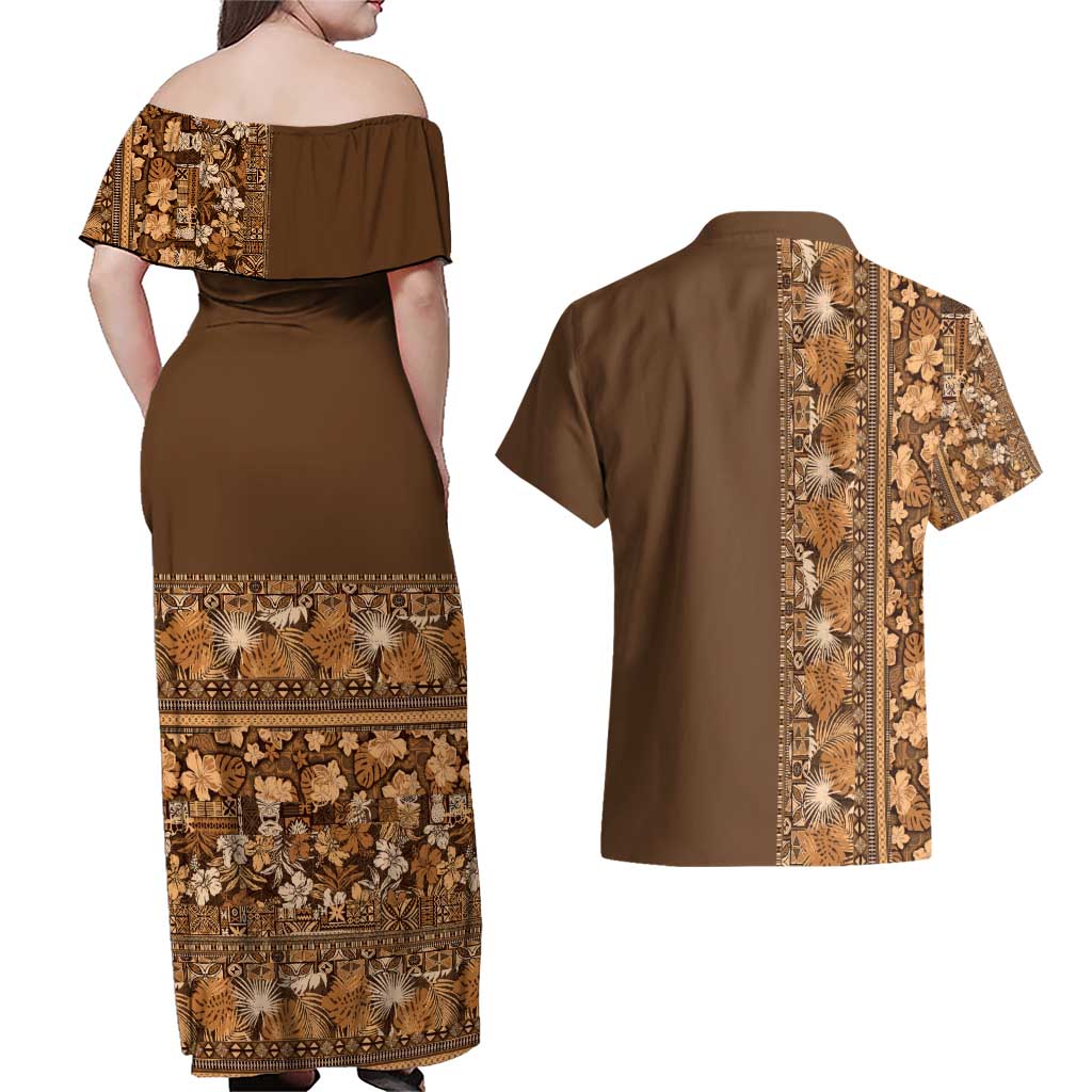 Hawaiian Tribal Elements Hibiscus Couples Matching Off Shoulder Maxi Dress and Hawaiian Shirt Gold Pattern - Polynesian Pride