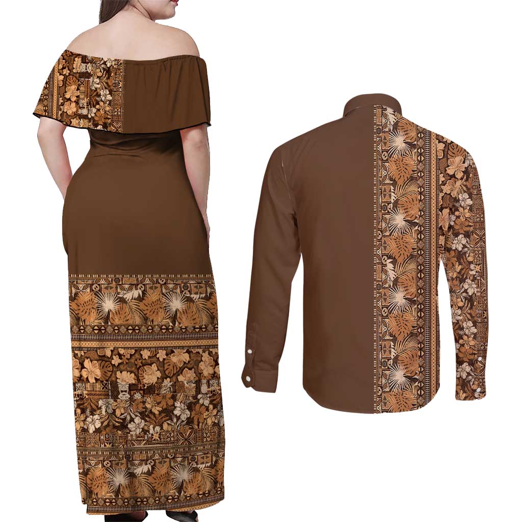 Hawaiian Tribal Elements Hibiscus Couples Matching Off Shoulder Maxi Dress and Long Sleeve Button Shirt Gold Pattern - Polynesian Pride
