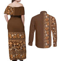 Hawaiian Tribal Elements Hibiscus Couples Matching Off Shoulder Maxi Dress and Long Sleeve Button Shirt Gold Pattern - Polynesian Pride