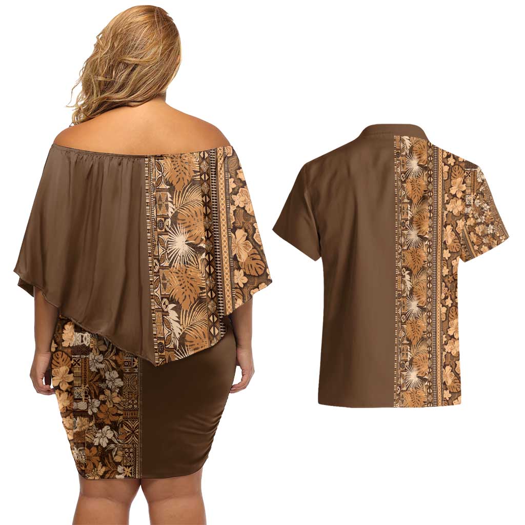 Hawaiian Tribal Elements Hibiscus Couples Matching Off Shoulder Short Dress and Hawaiian Shirt Gold Pattern - Polynesian Pride