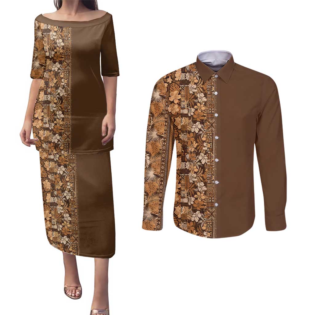 Hawaiian Tribal Elements Hibiscus Couples Matching Puletasi and Long Sleeve Button Shirt Gold Pattern - Polynesian Pride