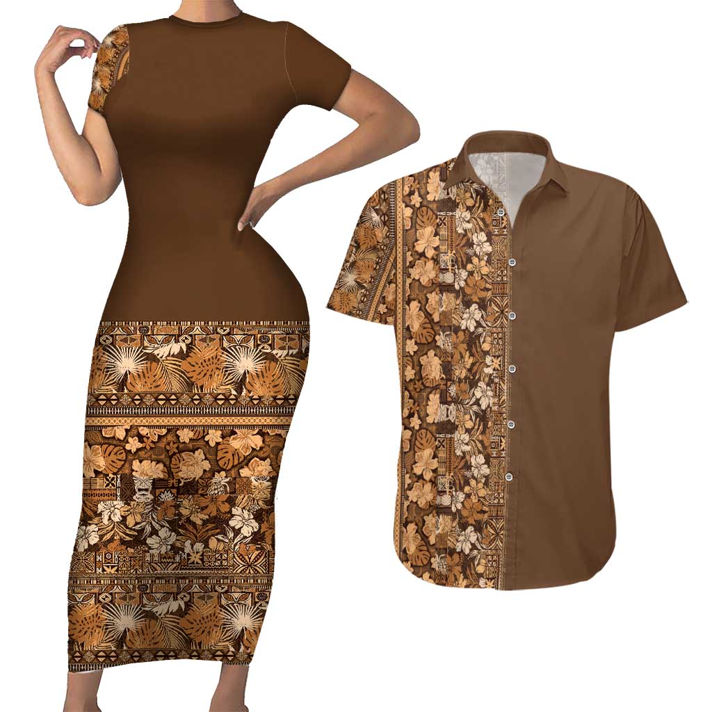Hawaiian Tribal Elements Hibiscus Couples Matching Short Sleeve Bodycon Dress and Hawaiian Shirt Gold Pattern - Polynesian Pride
