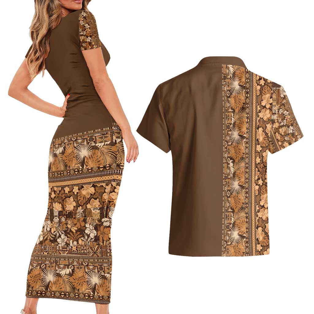 Hawaiian Tribal Elements Hibiscus Couples Matching Short Sleeve Bodycon Dress and Hawaiian Shirt Gold Pattern - Polynesian Pride