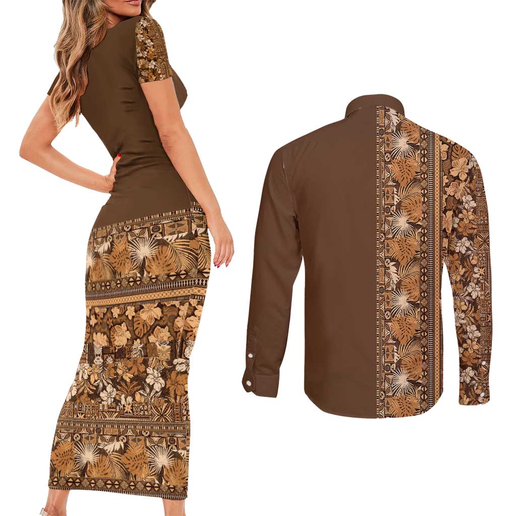 Hawaiian Tribal Elements Hibiscus Couples Matching Short Sleeve Bodycon Dress and Long Sleeve Button Shirt Gold Pattern - Polynesian Pride