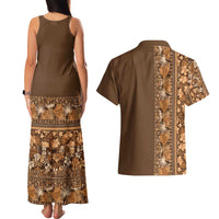 Hawaiian Tribal Elements Hibiscus Couples Matching Tank Maxi Dress and Hawaiian Shirt Gold Pattern - Polynesian Pride