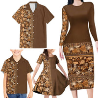 Hawaiian Tribal Elements Hibiscus Family Matching Long Sleeve Bodycon Dress and Hawaiian Shirt Gold Pattern - Polynesian Pride
