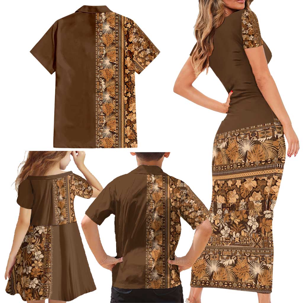 Hawaiian Tribal Elements Hibiscus Family Matching Short Sleeve Bodycon Dress and Hawaiian Shirt Gold Pattern - Polynesian Pride
