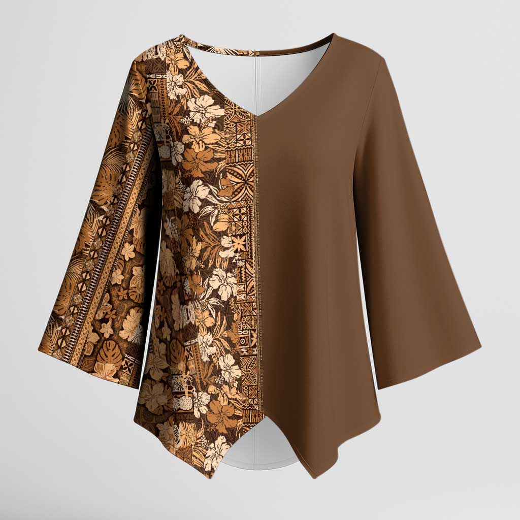 Hawaiian Tribal Elements Hibiscus Kimono Sleeve Blouse Gold Pattern - Polynesian Pride
