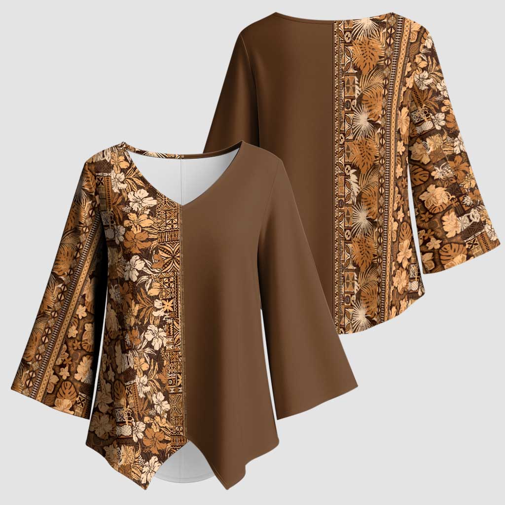 Hawaiian Tribal Elements Hibiscus Kimono Sleeve Blouse Gold Pattern - Polynesian Pride