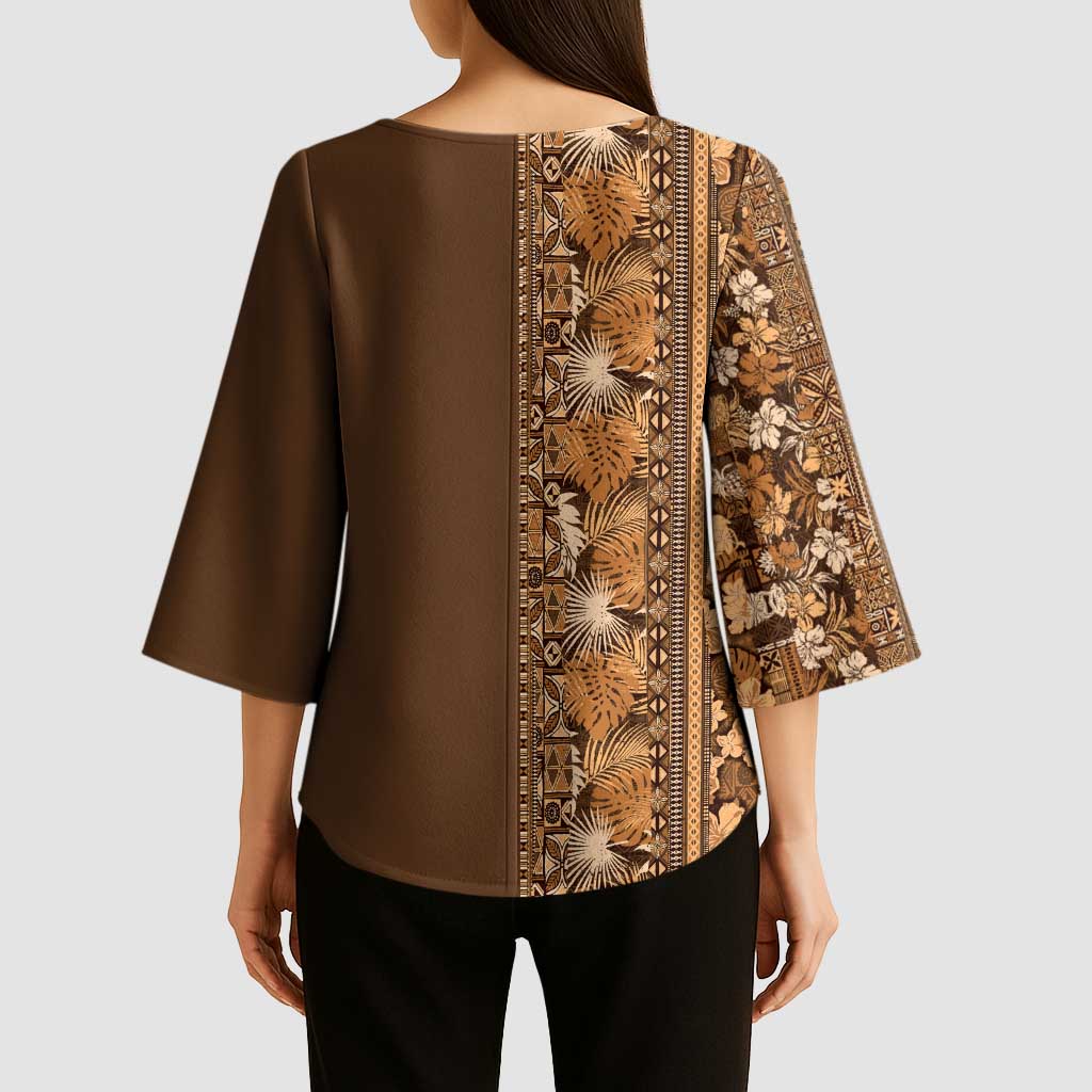Hawaiian Tribal Elements Hibiscus Kimono Sleeve Blouse Gold Pattern - Polynesian Pride