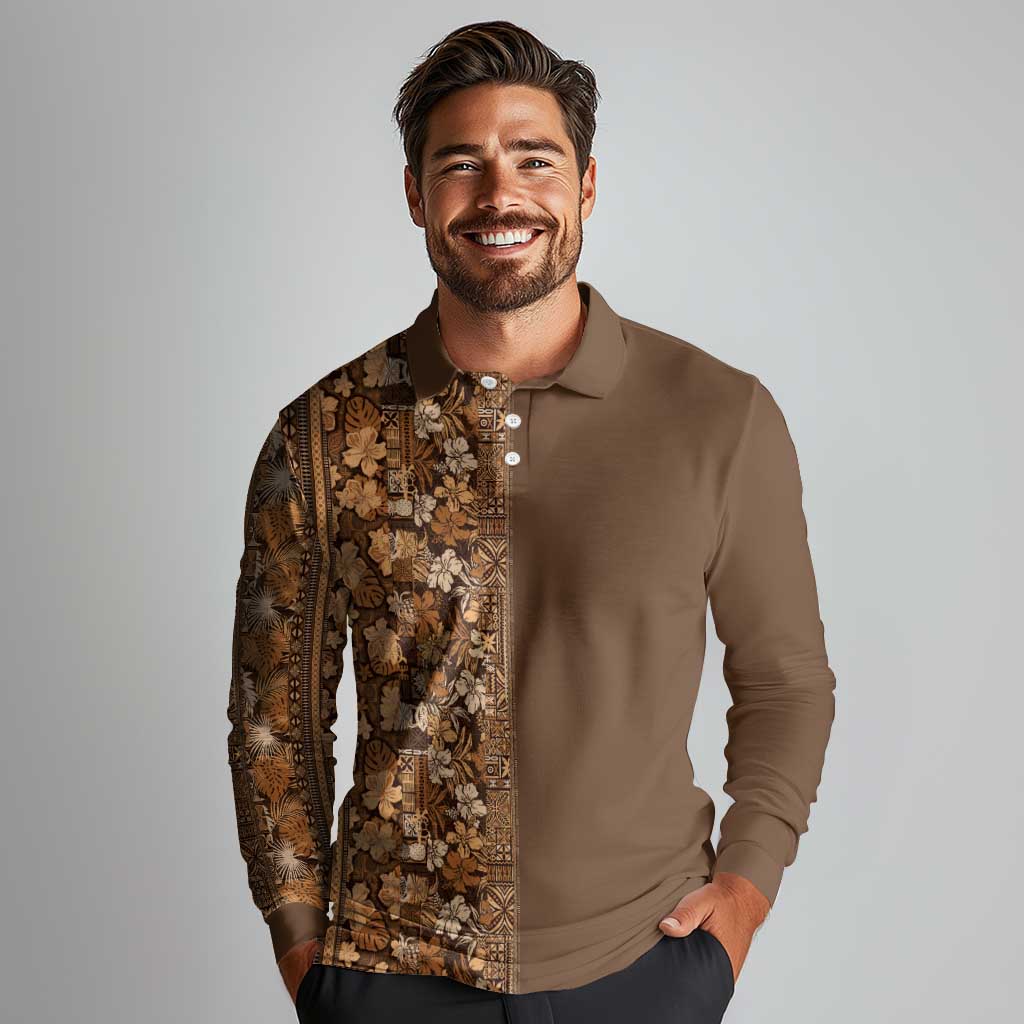 Hawaiian Tribal Elements Hibiscus Long Sleeve Polo Shirt Gold Pattern - Polynesian Pride