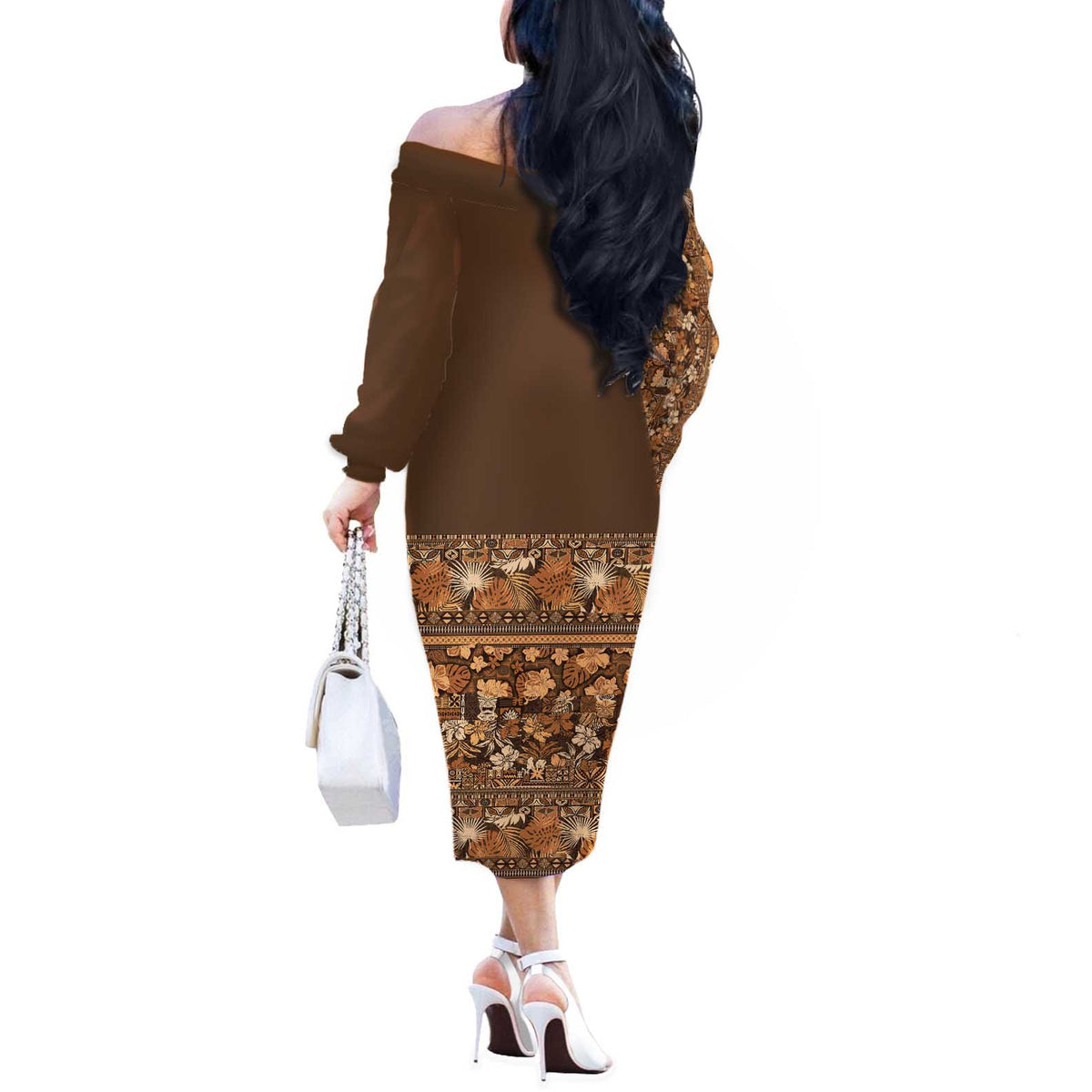 Hawaiian Tribal Elements Hibiscus Off The Shoulder Long Sleeve Dress Gold Pattern - Polynesian Pride