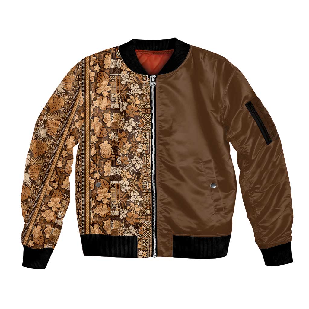 Hawaiian Tribal Elements Hibiscus Sleeve Zip Bomber Jacket Gold Pattern - Polynesian Pride