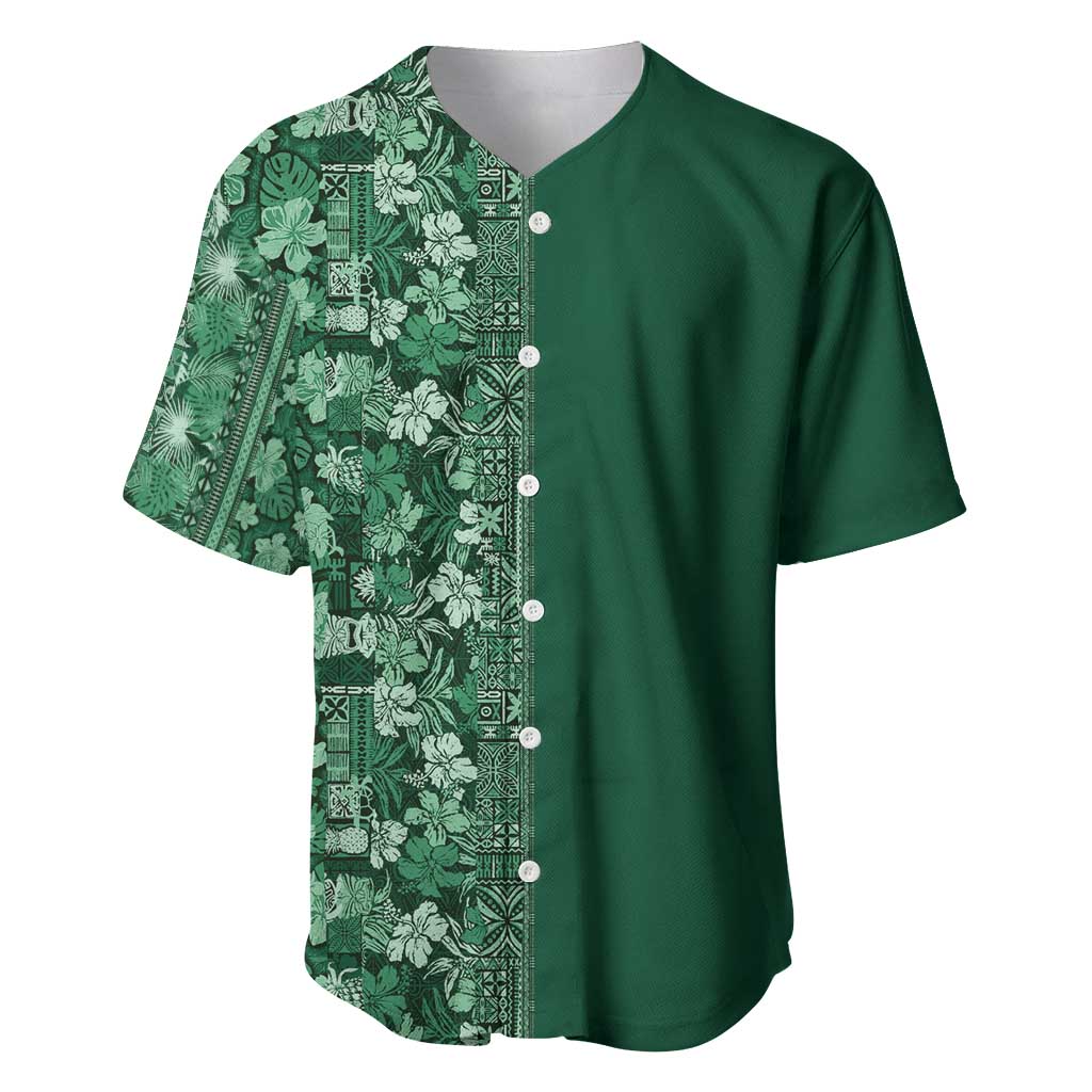 Hawaiian Tribal Elements Hibiscus Baseball Jersey Green Pattern - Polynesian Pride