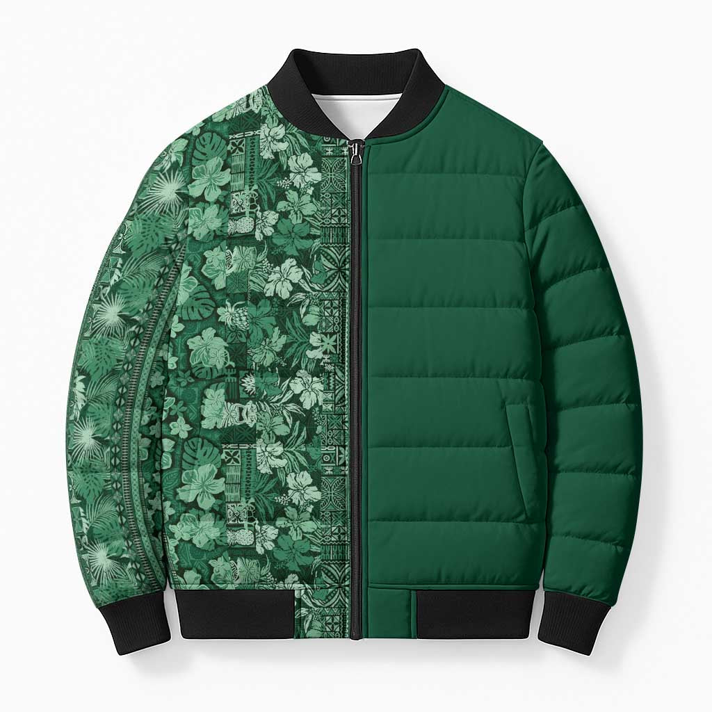 Hawaiian Tribal Elements Hibiscus Bomber Puffer Jacket Green Pattern - Polynesian Pride